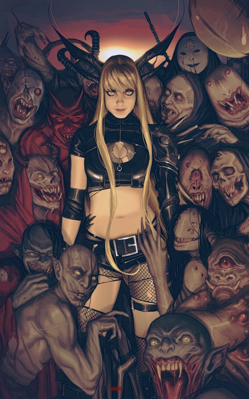 1girl, 6+boys, black_jacket, black_shorts, blonde_hair, blue_eyes, cleavage_cutout, clothing_cutout