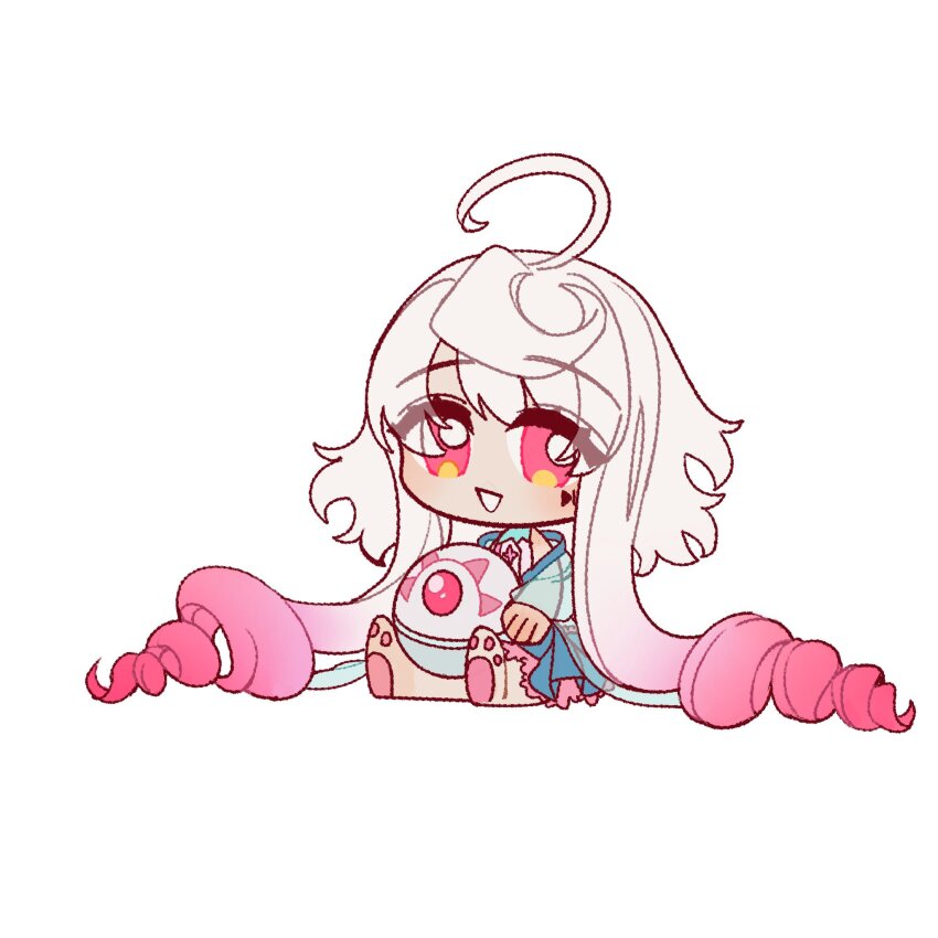 1girl, abyssparabellum, ahoge, between_legs, blue_skirt, chibi, chibi_only, drill_hair