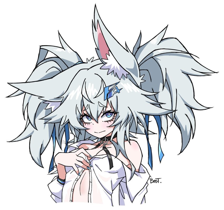 1girl, animal_ears, arm_behind_back, bastetris, black_choker, blue_eyes, blue_hair, blue_nails