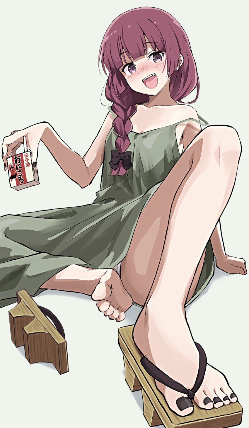 1girl, :d, alcohol_carton, arm_support, as_buppa, bare_shoulders, barefoot, black_bow, black_nails, blunt_bangs, bocchi_the_rock!, bow, braid, braided_ponytail, breasts, cleavage, dorsiflexion, dress, drink_carton, feet, foot_focus, foreshortening, full_body, geta, green_background, green_dress, hair_bow, hair_over_shoulder, highres, hiroi_kikuri, holding, holding_carton, holding_drink_carton, knee_up, legs, long_hair, looking_at_viewer, nail_polish, on_ground, open_mouth, panties, purple_eyes, purple_hair, sandals, sharp_teeth, simple_background, single_sandal, sitting, small_breasts, smile, solo, strap_slip, teeth, thighs, toenail_polish, toenails, toes, underwear, white_panties