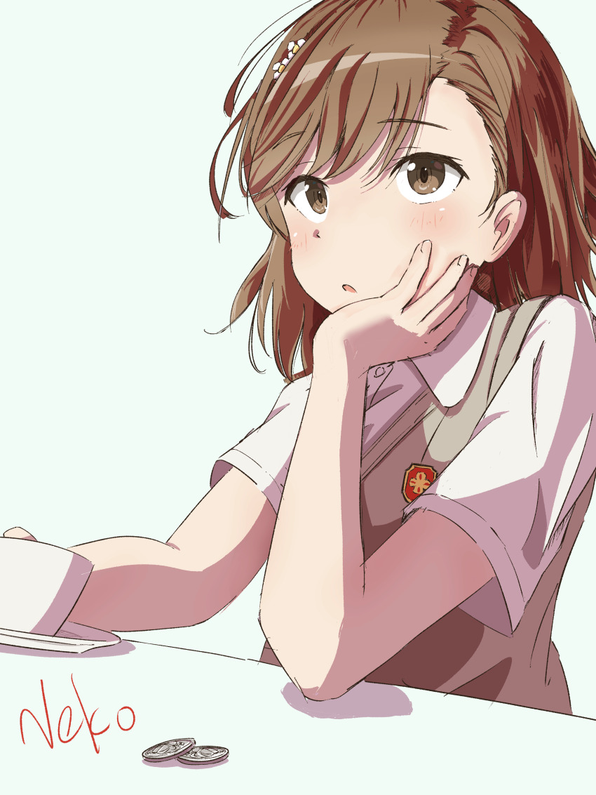 1girl, absurdres, artist_name, asuka_(pixiv82529874), asymmetrical_bangs, brown_eyes, brown_hair, brown_sweater_vest