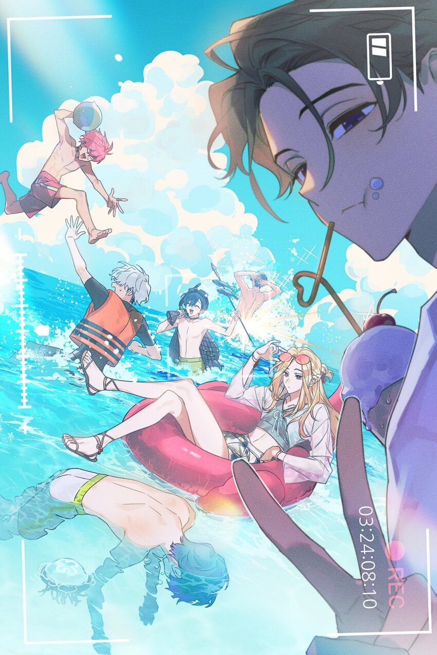 6+boys, arm_up, ball, beachball, black_eyes, black_hair, black_shirt, blonde_hair