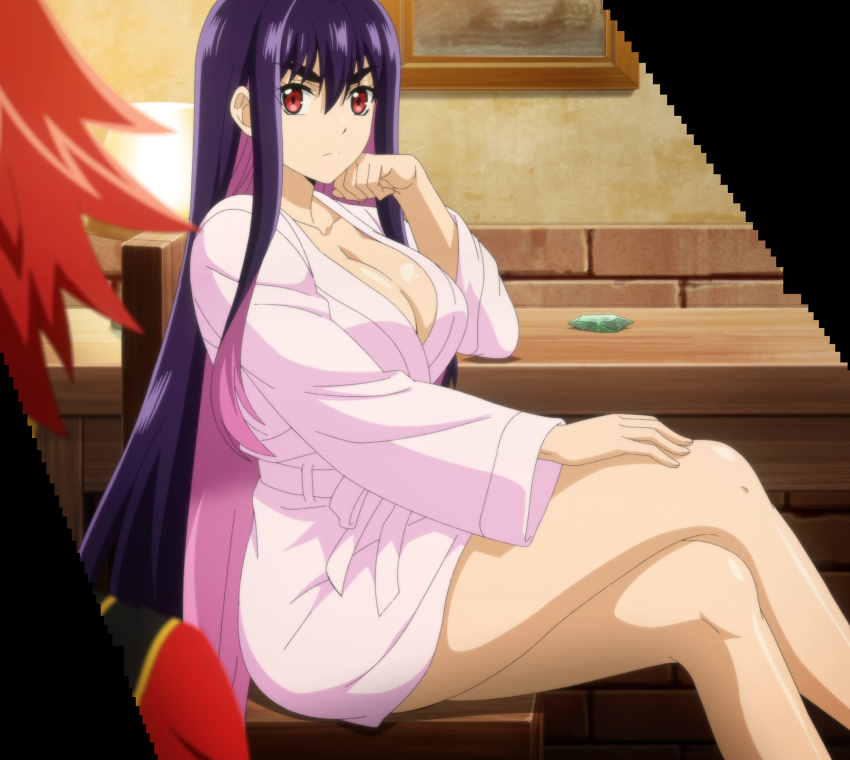 1boy, 1girl, absurdres, angry, anime_screenshot, asagaki_togo, bare_legs, bathrobe, black_hair, breasts, brick, brick_wall, chair, cleavage, clenched_hand, collarbone, colored_inner_hair, crossed_legs, elbow_rest, feet_out_of_frame, gem, hand_on_own_cheek, hand_on_own_chin, hand_on_own_face, hand_on_own_leg, head_rest, highres, yihdra_arvoln, indoors, lamp, large_breasts, long_hair, long_sleeves, looking_at_another, multicolored_hair, picture_frame, pink_hair, purple_hair, red_eyes, red_hair, sentai_red_isekai_de_boukensha_ni_naru, sitting, solo_focus, stitched, table, thick_eyebrows, thighs, third-party_edit, two-tone_hair, wooden_chair
