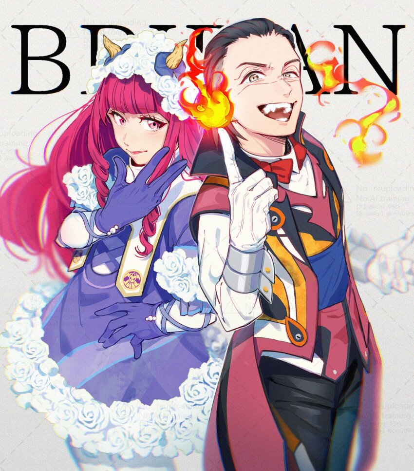 1boy, 1girl, 2025, 20s, aam09212, adk-em, bandai, bandai_namco, black_hair, black_pants, blue_dress, boquet_(super_sentai), bouquet_(no.1_sentai_gozyuger), closed_mouth, coat, dress, fire, fire_candle_(no.1_sentai_gozyuger), grey_background, hair_slicked_back, highres, horns, long_hair, no.1_sentai_gozyuger, open_mouth, pants, pink_hair, purple_dress, purple_eyes, red_coat, short_hair, simple_background, super_sentai, teeth, toei_company, tokusatsu, tv_asahi