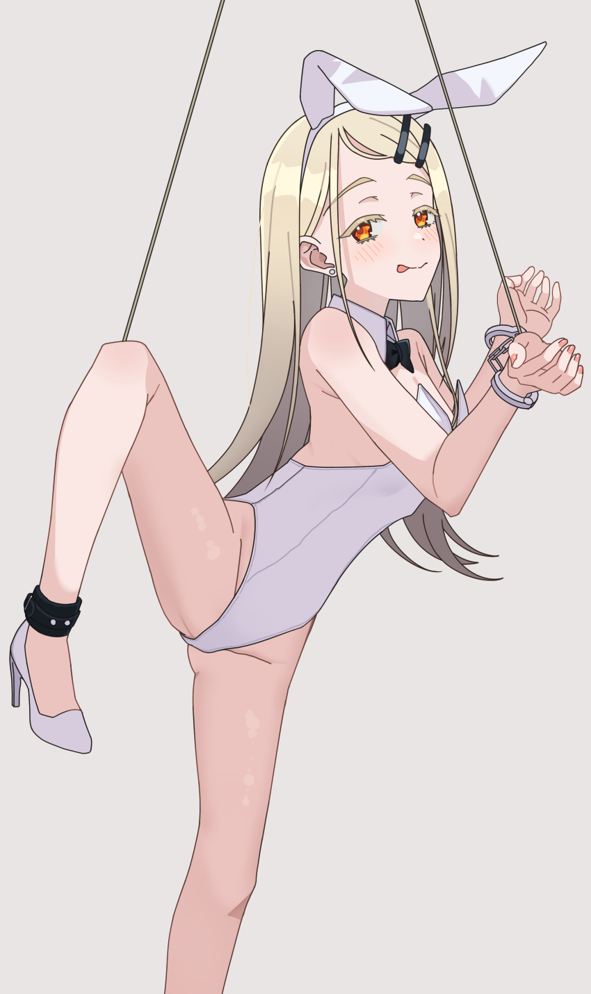 1girl, :p, absurdres, animal_ears, blonde_hair, blush, breasts, commentary_request, cuffs, fake_animal_ears, gakuen_idolmaster, gradient_hair, handcuffs, high_heels, highres, idolmaster, leg_up, leotard, long_hair, looking_at_viewer, multicolored_hair, orange_eyes, playboy_bunny, rabbit_ears, shinosawa_hiro, small_breasts, smile, solo, suspension, tongue, tongue_out, white_leotard, yui081