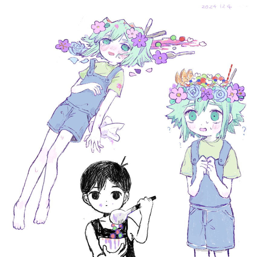 2boys, ?, barefoot, basil_(headspace)_(omori), basil_(omori), black_eyes, black_hair, black_tank_top