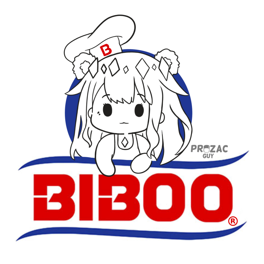1girl, absurdres, animal_ears, apron, artist_name, bear_ears, bimbo_(brand), chef_hat, chest_jewel, closed_mouth, hat, highres, hololive, hololive_english, koseki_bijou, logo_parody, long_hair, prozacguy, solo, virtual_youtuber