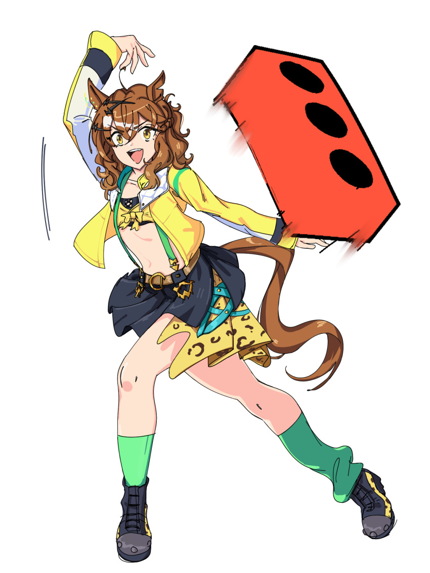 1girl, animal_ears, anime_girl_throwing_things_(meme), bandeau, black_bandeau, black_boots, black_shoes, black_skirt, boots, brick, brown_hair, cat_throwing_a_brick_(meme), flat_chest, full_body, green_socks, hair_ornament, hairclip, highres, horse_ears, horse_girl, horse_tail, impending_doom, jungle_pocket_(umamusume), long_sleeves, looking_at_viewer, medium_hair, meme, midriff, navel, notched_ear, open_clothes, open_mouth, open_shirt, ramnik5, shirt, shoes, simple_background, skirt, smile, socks, solo, suspenders, tail, throwing, umamusume, yellow_eyes, yellow_shirt