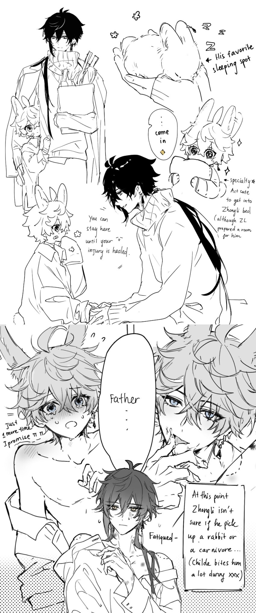 2boys, absurdres, alternate_costume, bag, bags_under_eyes, bare_shoulders, bite_mark, blush