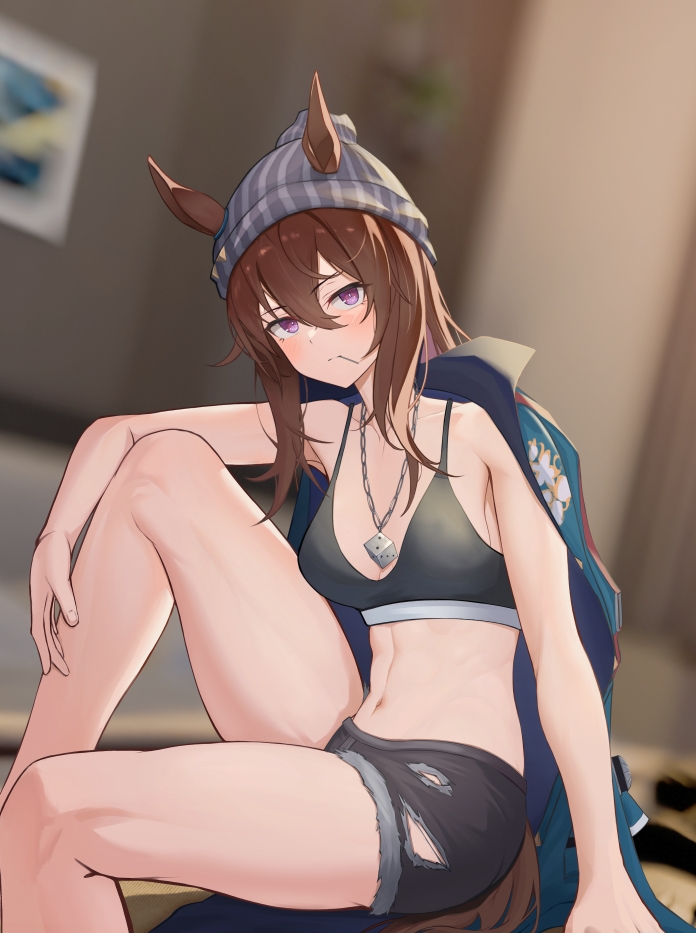 1girl, animal_ears, bare_shoulders, beanie, black_shorts, black_tank_top, blue_jacket, blurry