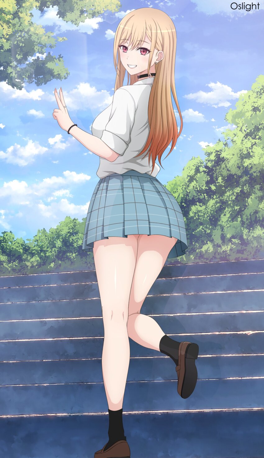 1girl, :d, absurdres, artist_collaboration, artist_name, black_choker, black_socks, blonde_hair