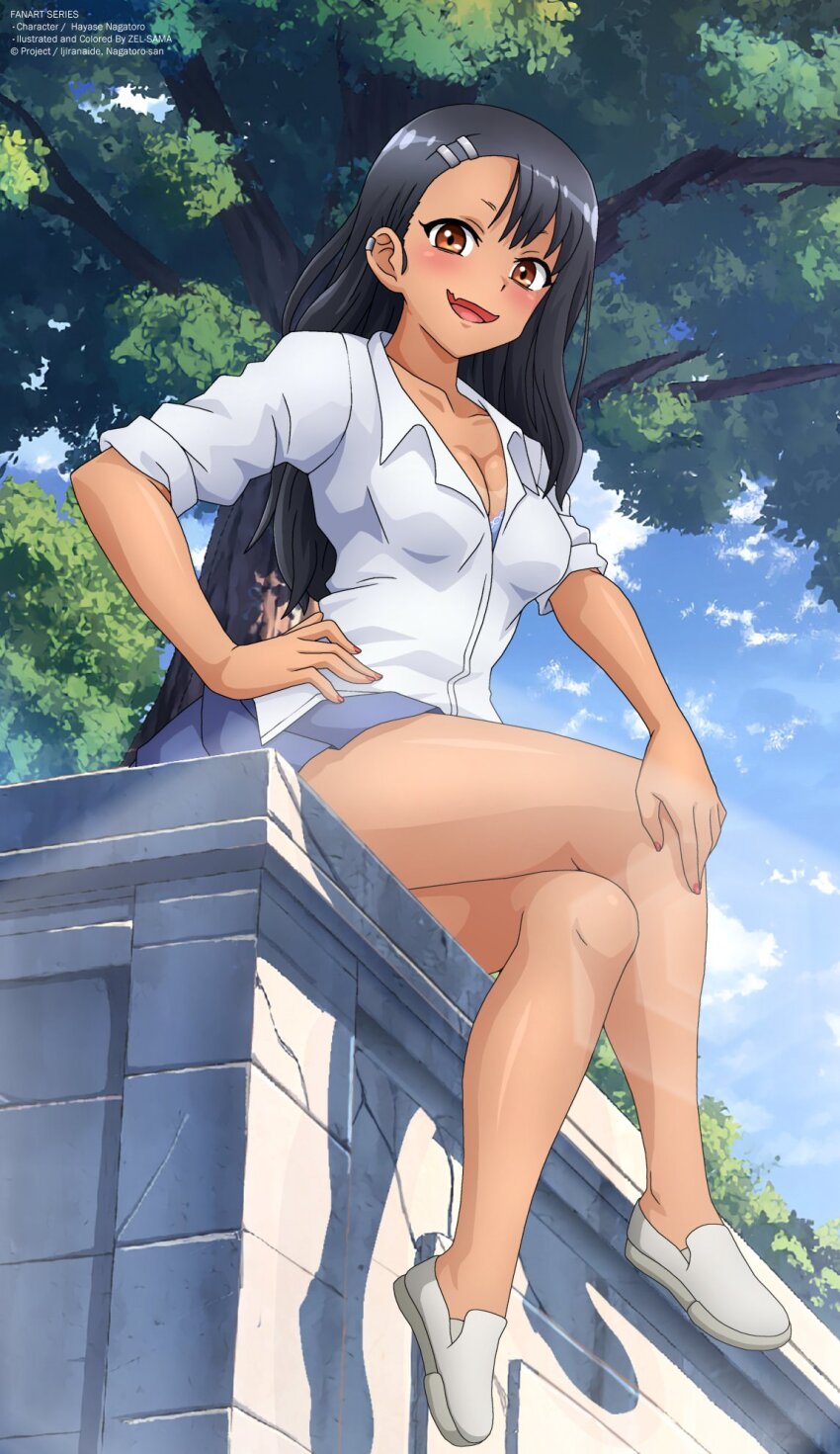 1girl, :d, artist_collaboration, artist_name, black_hair, blue_skirt, blue_sky, breasts, cleavage, cloud, commentary, commentary_request, copyright_notice, earclip, english_commentary, fang, full_body, hair_ornament, hairclip, hand_on_own_hip, hand_on_own_knee, highres, ijiranaide_nagatoro-san, loafers, long_hair, looking_at_viewer, medium_breasts, nagatoro_hayase, nail_polish, open_mouth, pleated_skirt, red_nails, second-party_source, shiredora, shirt, shoes, sitting, skin_fang, skirt, sky, sleeves_rolled_up, smile, solo, tan, thighs, tree, white_shirt, white_shoes, zel-sama