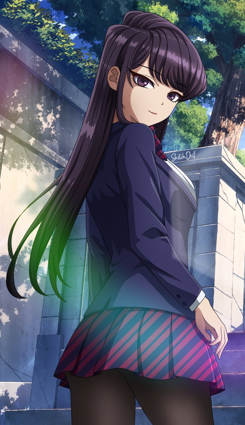 1girl, absurdres, artist_collaboration, artist_name, black_eyes, black_hair, black_pantyhose, blue_jacket