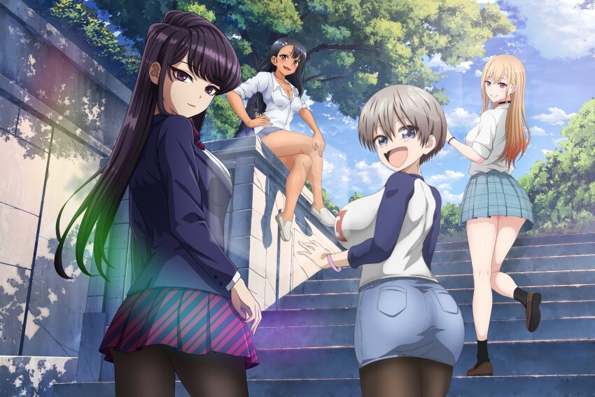 4girls, :d, absurdres, artist_collaboration, artist_name, black_choker, black_eyes, black_hair, black_pantyhose, black_socks, blonde_hair, blue_eyes, blue_jacket, blue_shirt, blue_skirt, blue_sky, bow, bowtie, breasts, brown_shoes, choker, cleavage, clenched_teeth, cloud, commentary, commentary_request, cowboy_shot, crossover, denim, denim_skirt, diagonal-striped_clothes, diagonal-striped_skirt, earclip, earrings, english_commentary, fang, from_behind, from_side, full_body, gradient_hair, grey_hair, hair_ornament, hairclip, hand_on_own_hip, hand_on_own_knee, highres, ijiranaide_nagatoro-san, impossible_clothes, itan_private_high_school_uniform, itskawer, jacket, jewelry, kitagawa_marin, kneepits, komi-san_wa_komyushou_desu, komi_shouko, large_breasts, lens_flare, loafers, long_hair, long_sleeves, looking_at_viewer, medium_breasts, multicolored_hair, multiple_crossover, multiple_girls, nagatoro_hayase, nail_polish, open_mouth, orange_hair, oslight, outdoors, pantyhose, plaid_clothes, plaid_skirt, pleated_skirt, raglan_sleeves, red_nails, red_skirt, school_uniform, shiredora, shirt, shoes, sitting, sketchdrif, skin_fang, skirt, sky, sleeves_rolled_up, smile, socks, sono_bisque_doll_wa_koi_wo_suru, stairs, standing, standing_on_one_leg, striped_clothes, stud_earrings, sugoi_dekai, tan, teeth, thighs, tree, uzaki-chan_wa_asobitai!, uzaki_hana, white_shirt, white_shoes, zel-sama