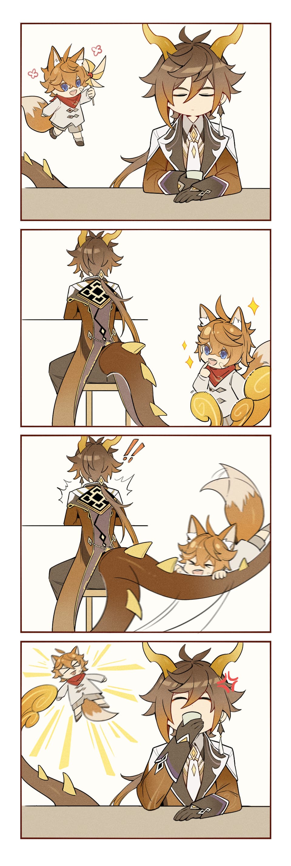 2boys, absurdres, aged_down, anger_vein, animal_ears, coaldragon, cup, dragon_horns