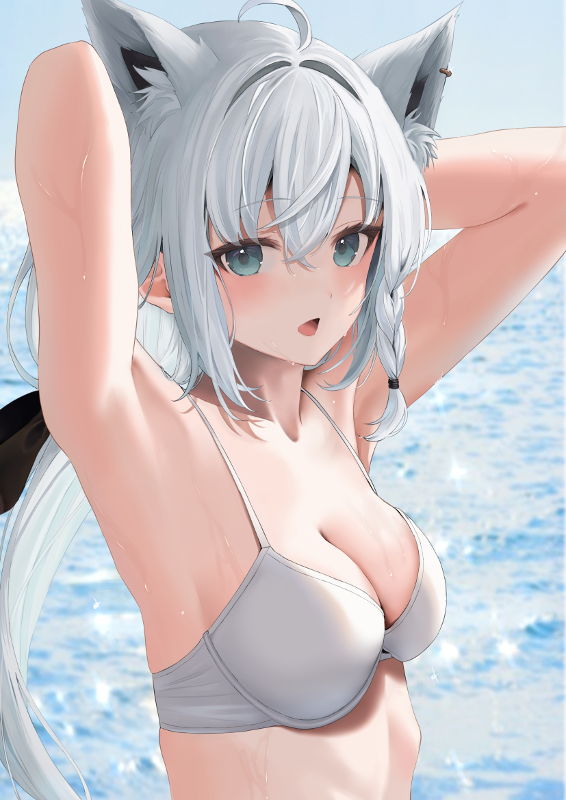 1girl, ahoge, alternate_costume, animal_ear_fluff, animal_ear_piercing, animal_ears, aqua_eyes, arm_behind_head