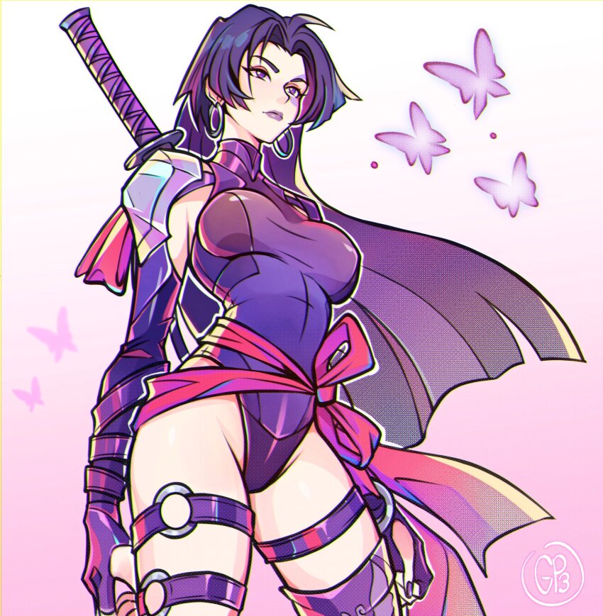 1girl, breasts, elbow_gloves, gatopescado3, gloves, highleg, highleg_leotard, highres, holding, holding_weapon, large_breasts, leotard, long_hair, marvel, marvel_rivals, psylocke, psylocke_(vengeance), purple_eyes, purple_hair, sash, solo, superhero_costume, sword, thighhighs, weapon, x-men