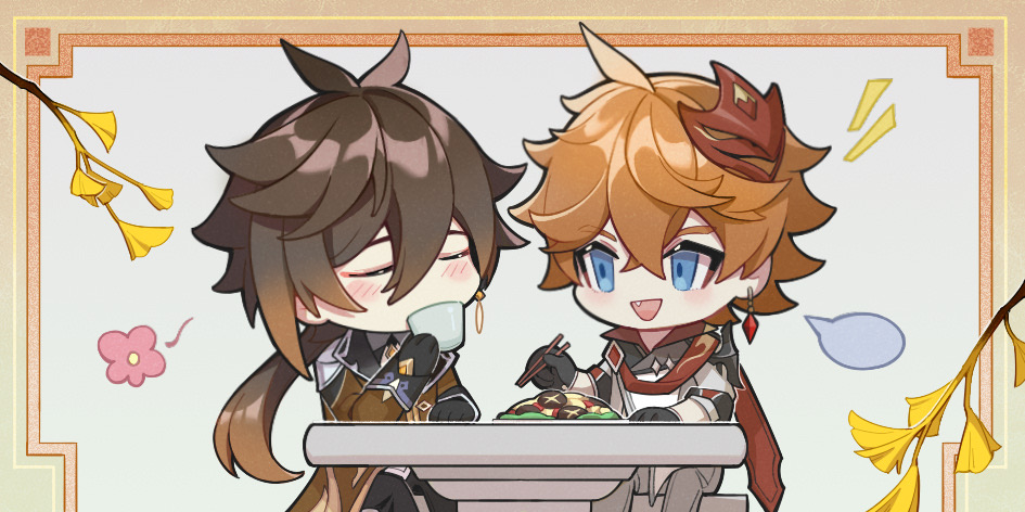 2boys, chibi, chopsticks, closed_eyes, coaldragon, cup, drinking_tea, embarrassed