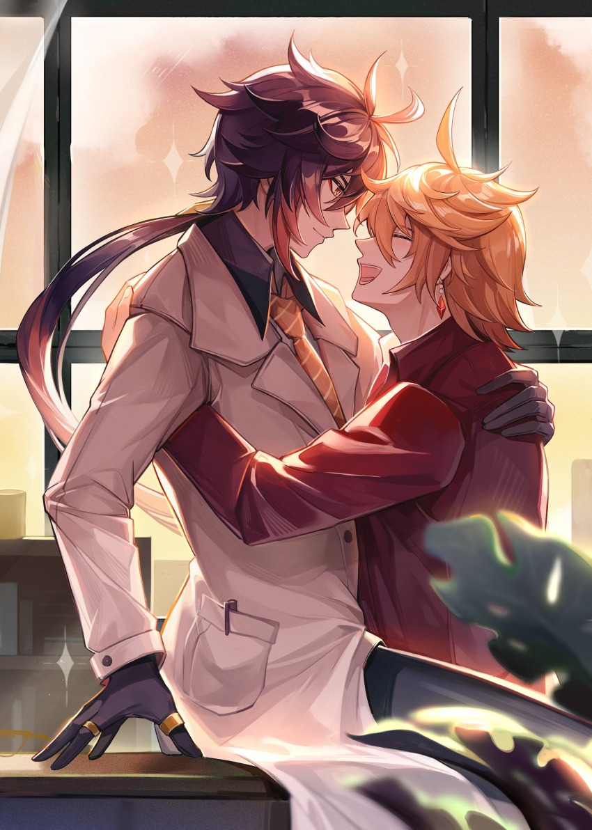 2boys, absurdres, alternate_costume, coaldragon, couple, formal_clothes, genshin_impact, gloves