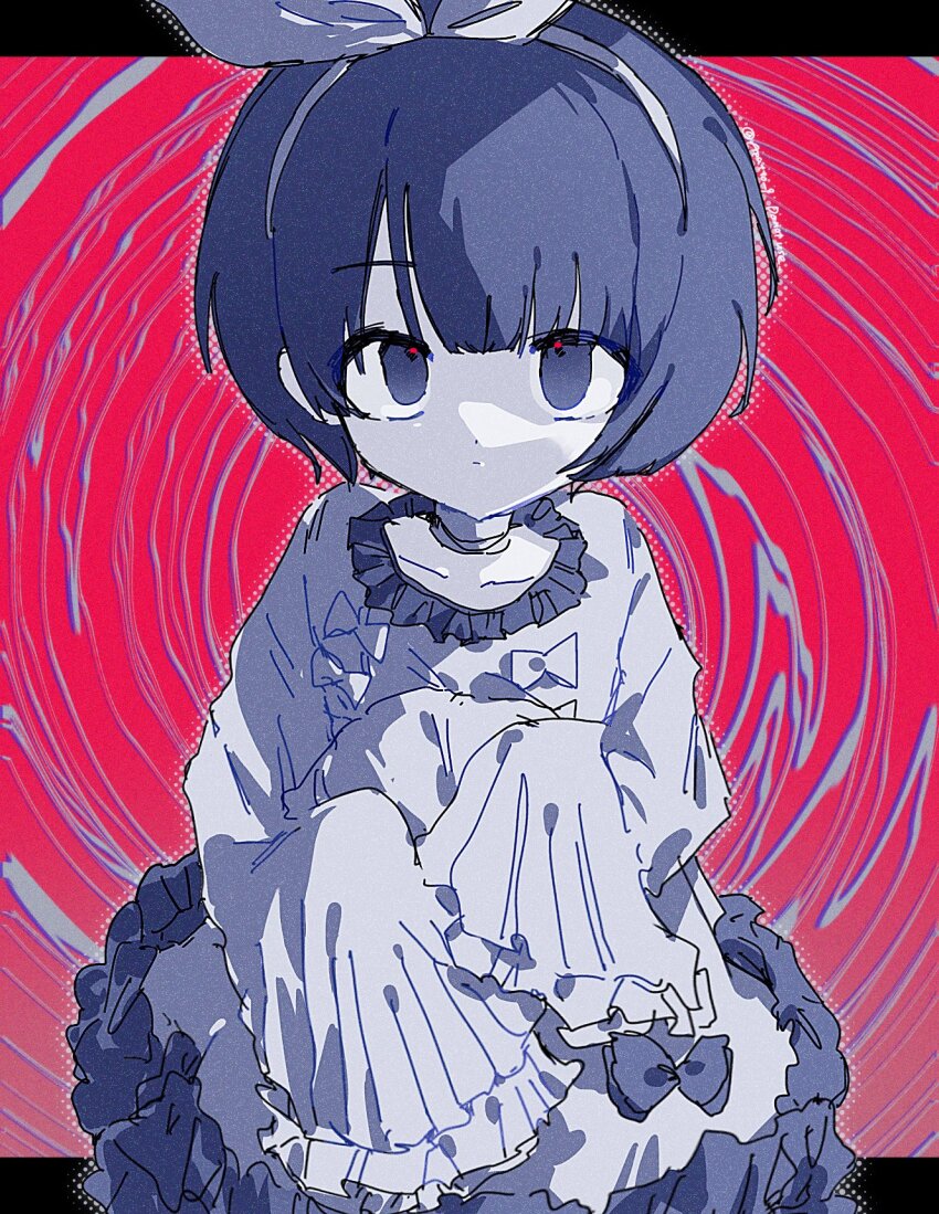 1girl, abstract_background, apu_(aputto_9), blue_eyes, blue_hair, border, bow_hairband, closed_mouth