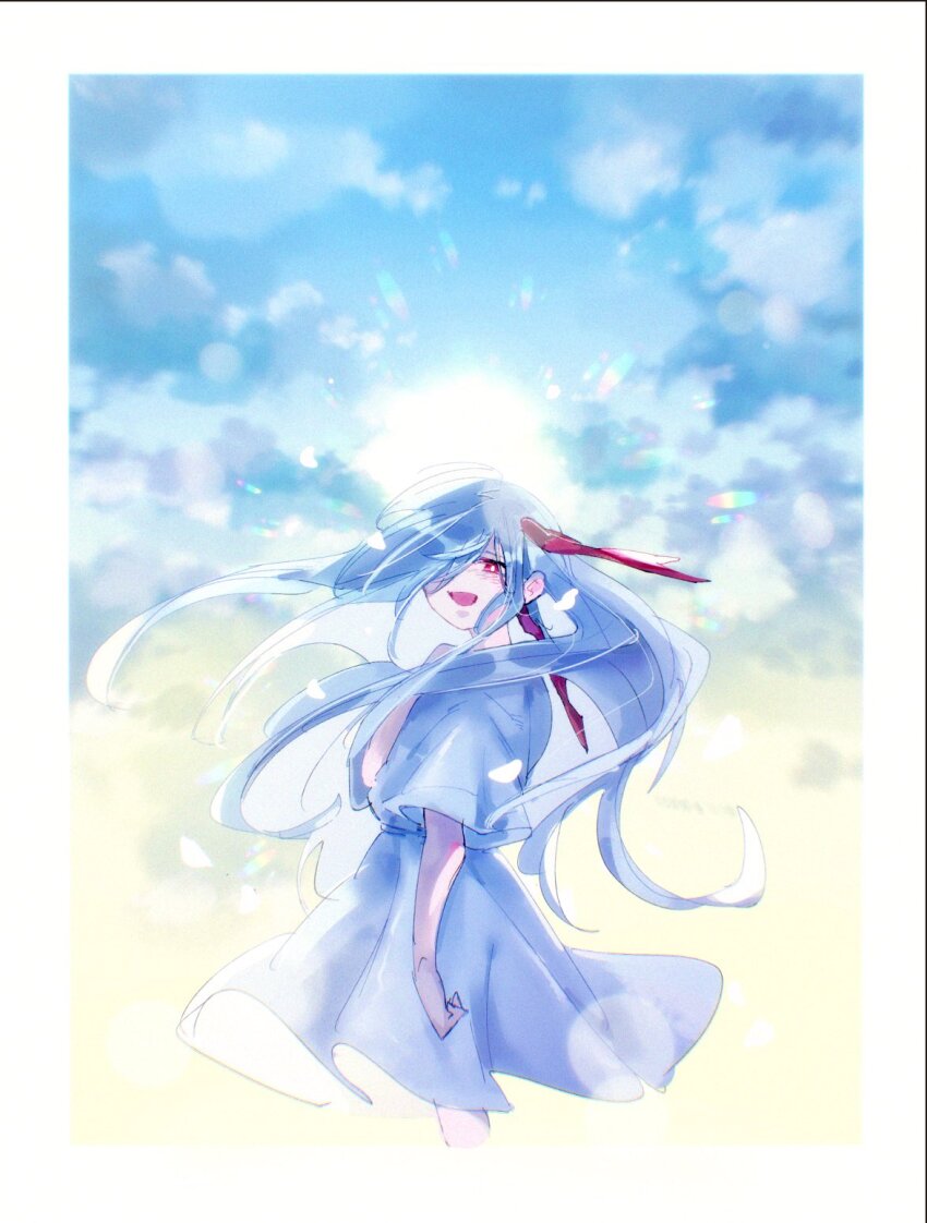 1girl, blue_sky, dress, ender_lilies_quietus_of_the_knights, grey_hair, hair_over_one_eye, highres, kofuku_(reitouko)