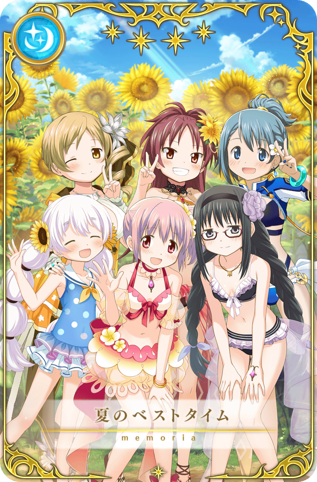 6+girls, ^_^, akemi_homura, akemi_homura_(swimsuit_ver.), anklet, artist_request, back_bow, bare_legs