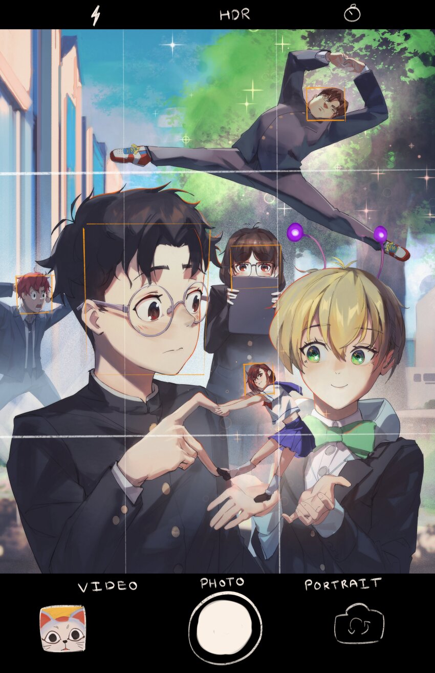 3boys, 3girls, absurdres, antenna_hair, ayase_momo, dandadan, enjoji_jin, fake_phone_screenshot