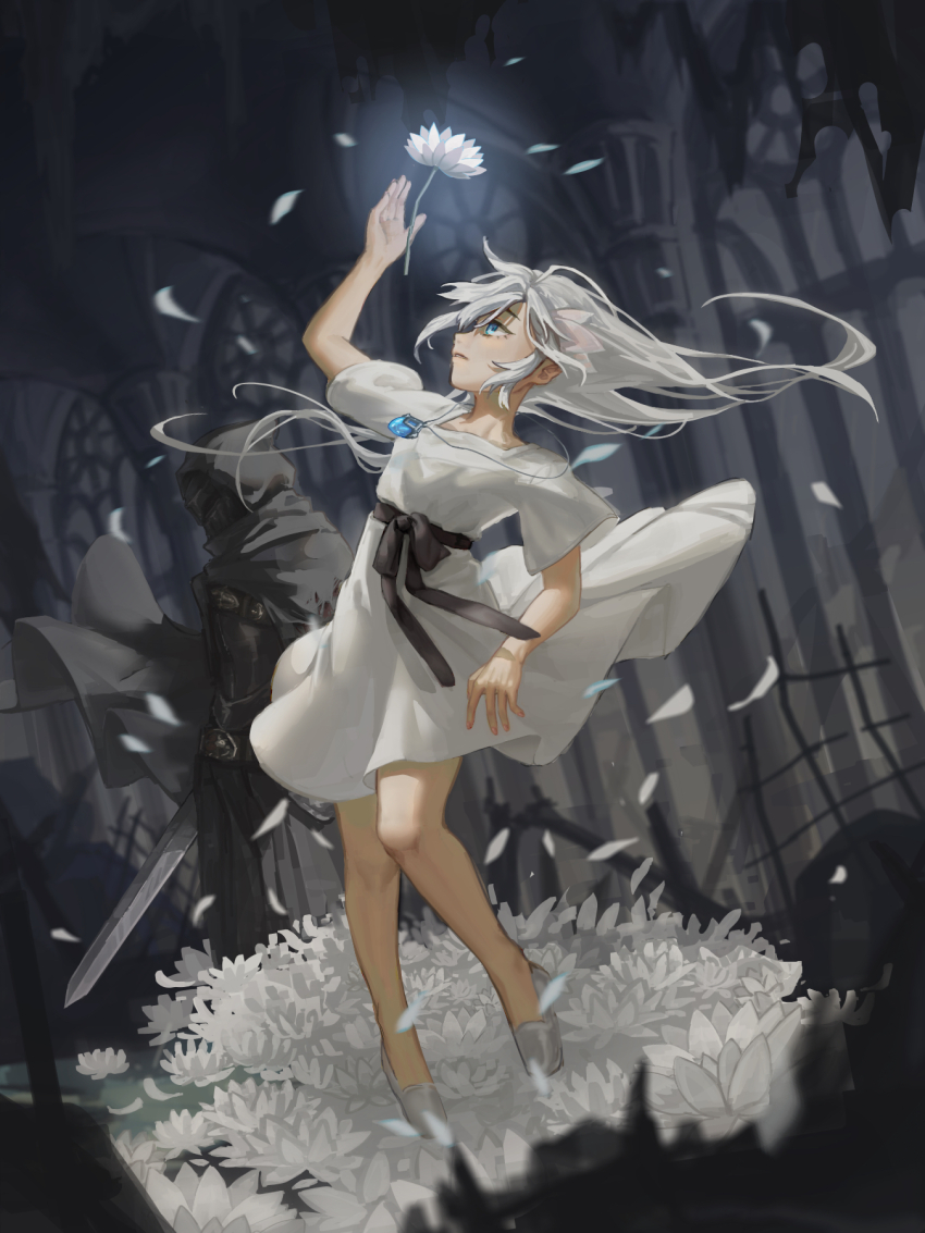 1boy, 1girl, blue_eyes, cloak, dress, ender_lilies_quietus_of_the_knights, floating_hair, flower, full_body, full_of_energy, highres, holding, holding_sword, holding_weapon, hood, hooded_cloak, jewelry, knight, lily_(ender_lilies), long_hair, looking_up, necklace, pendant, petals, sword, umbral_knight_(ender_lilies), weapon, white_dress, white_flower, white_hair