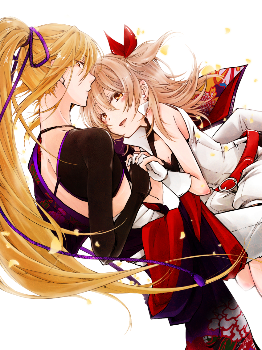 1boy, 1girl, :d, :|, bare_shoulders, belt, blonde_hair, blush