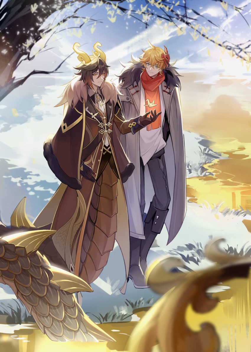 2boys, absurdres, coaldragon, dragon_horns, dragon_tail, fur_trim, genshin_impact, highres