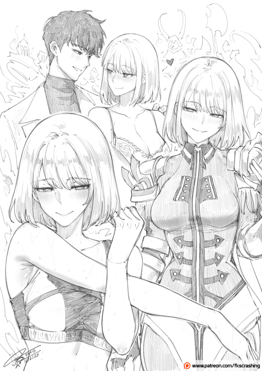 1boy, 1girl, absurdres, armor, armpits, blush, bra, breasts, cha_hae-in, cleavage, closed_mouth, eyebrows_hidden_by_hair, fkscrashing, full-face_blush, gauntlets, greyscale, hair_between_eyes, hand_on_another's_shoulder, heart, highres, igris_(solo_leveling), iron_(solo_leveling), jacket, lace, lace-trimmed_bra, lace_trim, large_breasts, lips, looking_at_another, looking_at_viewer, monochrome, multiple_views, open_mouth, pauldrons, short_hair, shoulder_armor, signature, simple_background, smile, solo_leveling, sports_bra, stretching, sung_jin-woo, sweater, underwear, upper_body, white_background