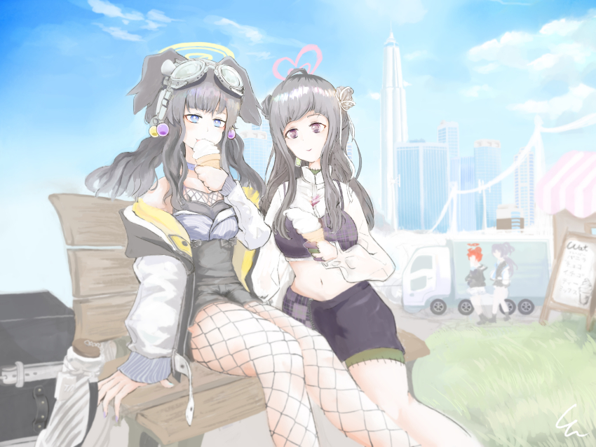 4girls, absurdres, animal_ears, bench, black_shorts, blue_archive, blue_eyes, blue_sky, breasts, building, cloud, commentary_request, dog_ears, faceless, fishnet_pantyhose, fishnets, food, goggles, goggles_on_head, grey_hair, halo, heart, heart_halo, hibiki_(blue_archive), highres, holding, holding_food, holding_ice_cream, huma_wat, ice_cream, ice_cream_cone, jacket, maki_(blue_archive), multiple_girls, nanashi_inc., navel, open_clothes, open_jacket, outdoors, pantyhose, pink_eyes, pink_halo, purple_hair, red_hair, red_halo, shin_shin, shorts, sitting, sky, soft_serve, virtual_youtuber, white_jacket, yellow_halo, yuuka_(blue_archive)