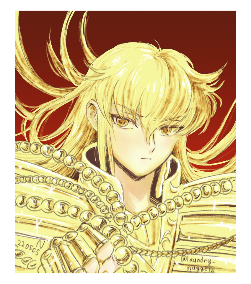 1boy, armor, beads, blonde_hair, expressionless, facial_mark, forehead_mark, gold_armor, gold_cloth, gold_saint, hands_up, highres, holding, holding_jewelry, holding_necklace, jewelry, laundry_nuggets, long_hair, looking_at_viewer, male_focus, necklace, portrait, prayer_beads, saint_seiya, solo, unusually_open_eyes, virgo_shaka, yellow_eyes