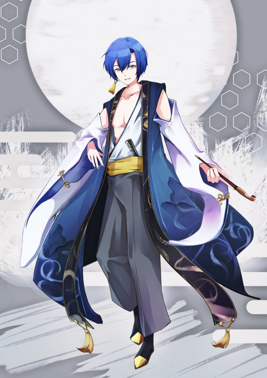 1boy, black_pants, black_shoes, blue_eyes, blue_hair, commentary_request, detached_sleeves, earrings