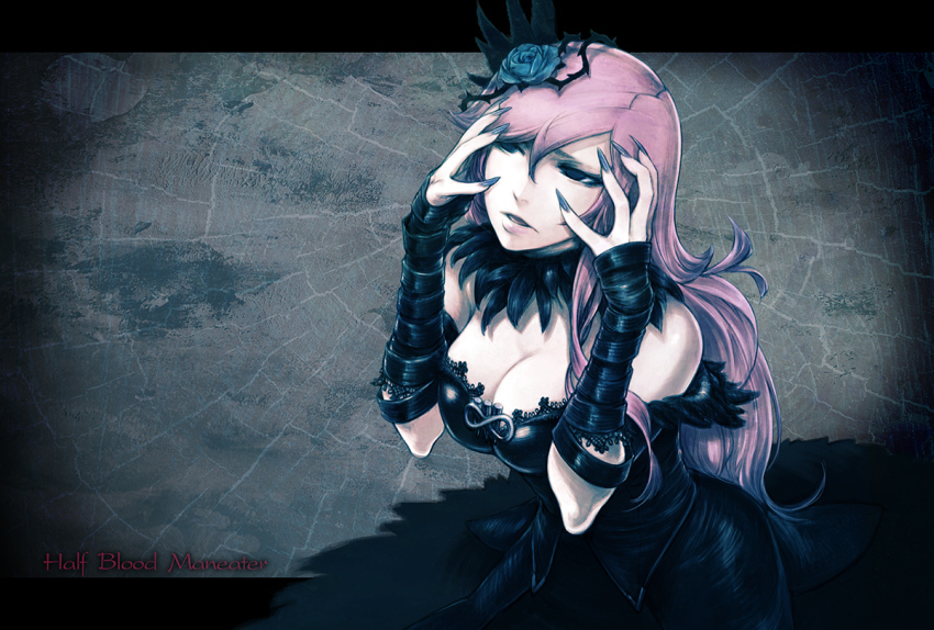 1girl, bandaged_arm, bandages, black_dress, blue_flower, blue_nails, blue_rose, breasts