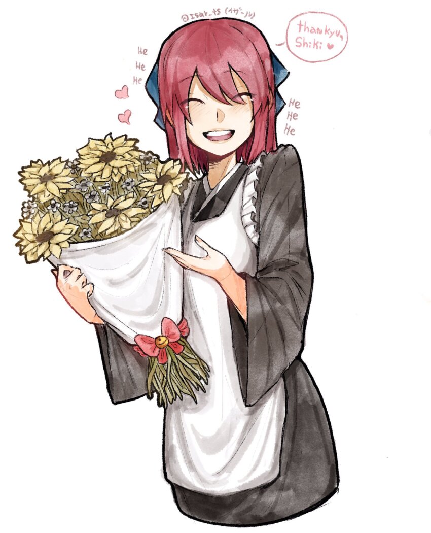 1girl, :d, apron, belaweb123, bell, black_kimono, blue_ribbon, blush