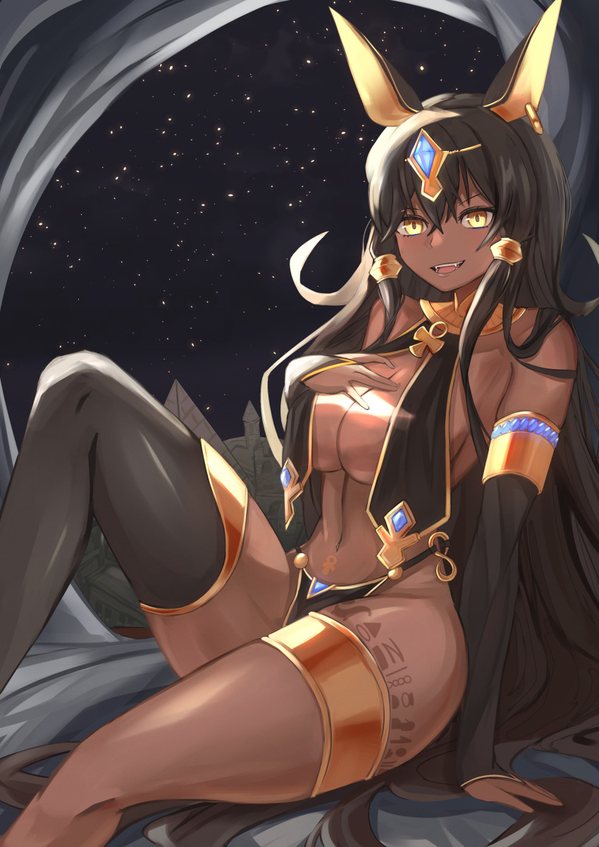 1girl, absurdres, anubis_(mythology), bare_hips, bare_shoulders, black_hair, breast_curtains, breasts, cleavage, dark-skinned_female, dark_skin, egyptian_mythology, groin, highres, large_breasts, long_hair, original, revealing_clothes, single_thighhigh, tagme, tchairss, thick_thighs, thighhighs, thighs, very_dark_skin, very_long_hair, yellow_eyes
