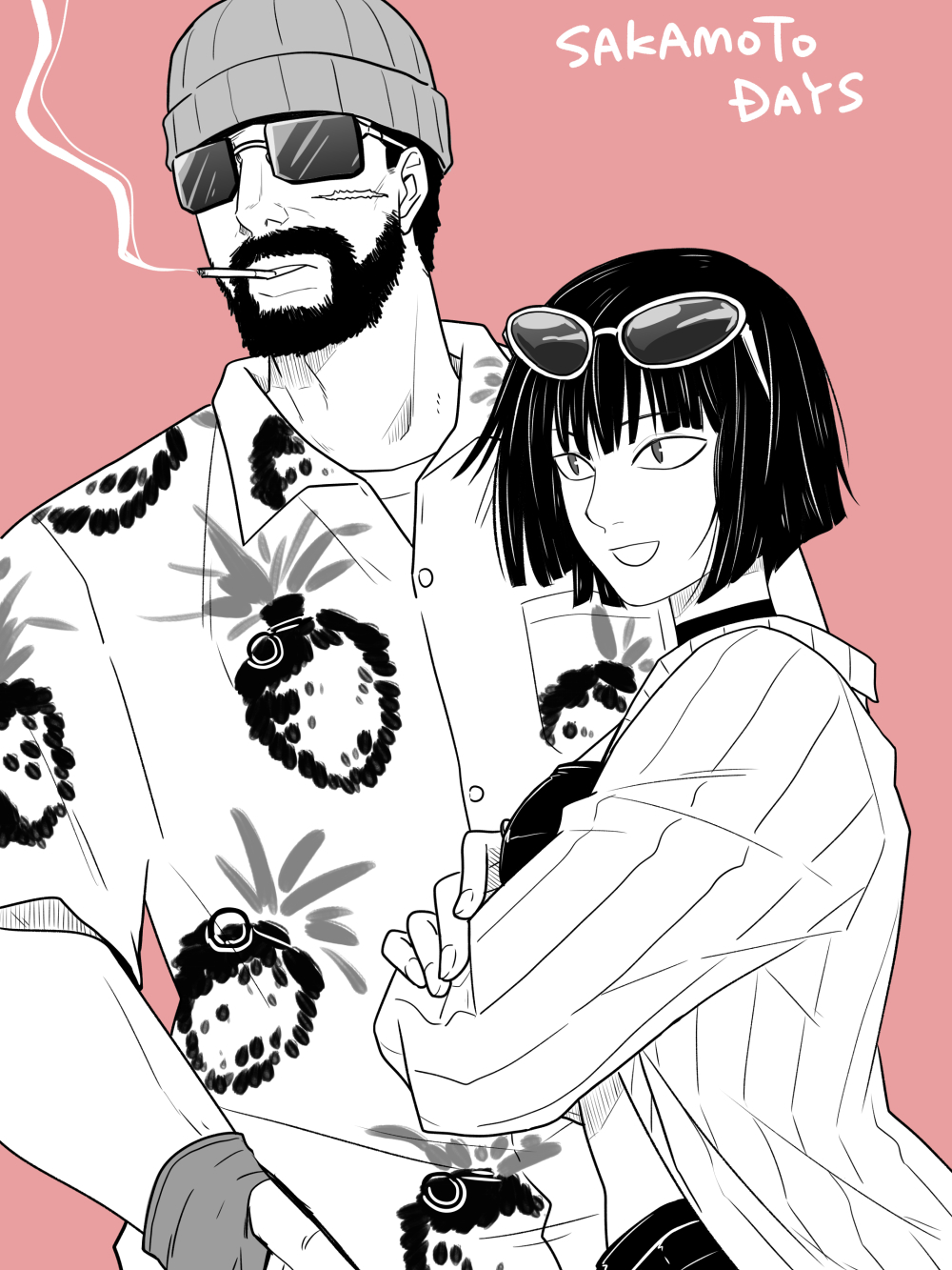 1boy, 1girl, beanie, beard, black_choker, black_hair, black_shorts, blazer