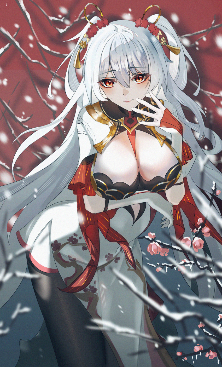 1girl, absurdres, arm_under_breasts, breasts, bud, chinese_clothes, chinese_commentary, cleavage