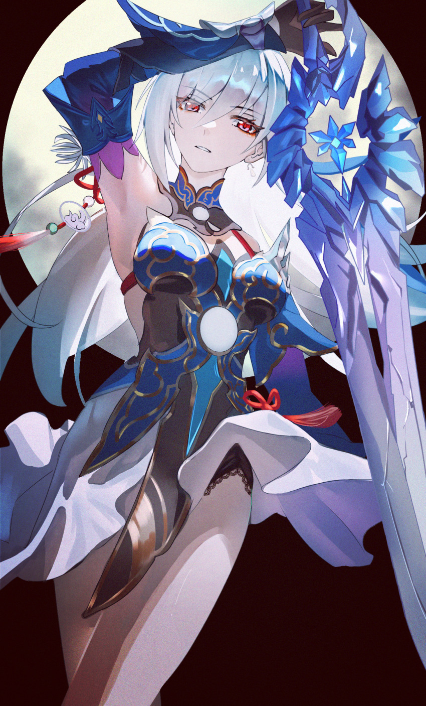 1girl, absurdres, armpits, black_gloves, blue_dress, chinese_commentary, commentary_request, crystal_sword