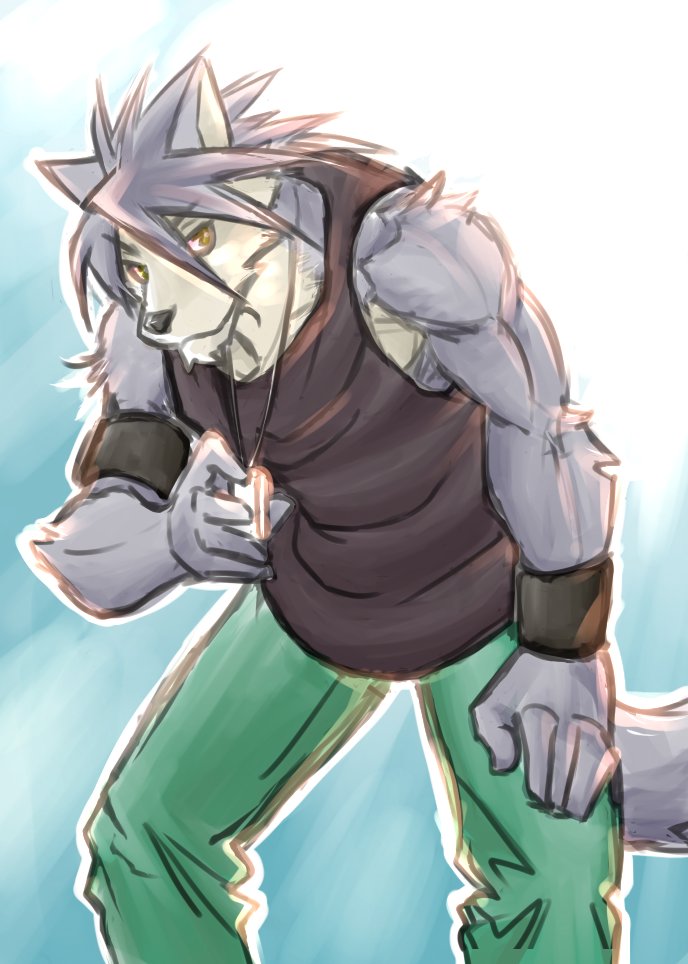 1boy, animal_ears, armband, bara, black_tank_top, commentary_request, dog_boy, dog_ears, animal_nose, dog_tags, dog_tail, furry, furry_male, green_pants, grey_fur, grey_hair, hand_on_own_knee, jewelry, kouya_aotsuki, long_hair, looking_at_viewer, male_focus, morenatsu, muscular, muscular_male, necklace, pants, sakuhuu, smile, tail, tank_top, wristband, yellow_eyes