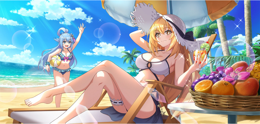 2girls, aqua_(konosuba), ball, barefoot, beach, beach_chair, beach_umbrella, beachball, bikini, blonde_hair, blue_bikini, blue_eyes, blue_hair, blue_scrunchie, blue_sky, bow, breasts, chair, cleavage, cocktail_glass, cocktail_pick, crossed_legs, crossover, cup, day, drinking_glass, drinking_straw, flower, food, frilled_bikini, frills, fruit, fruit_basket, game_cg, grapes, hair_between_eyes, hair_ornament, hair_rings, hand_on_headwear, hat, highres, holding, holding_ball, holding_beachball, holding_cup, kono_subarashii_sekai_ni_shukufuku_wo!, konosuba!_fantastic_days, large_breasts, lemon, lemon_slice, lens_flare, light_rays, lime_(fruit), lime_slice, long_hair, looking_at_viewer, mango, multiple_girls, navel, ocean, official_art, on_chair, orange_(fruit), palm_tree, pineapple, reclining, running, scrunchie, shokuhou_misaki, single_hair_ring, sitting, sky, smile, sparkle, star-shaped_pupils, star_(symbol), straw_hat, sun_hat, sunbeam, sunlight, swimsuit, symbol-shaped_pupils, table, thigh_strap, thighs, toaru_kagaku_no_railgun, toaru_majutsu_no_index, tree, umbrella, very_long_hair, waving, white_bikini, wrist_scrunchie, yellow_eyes