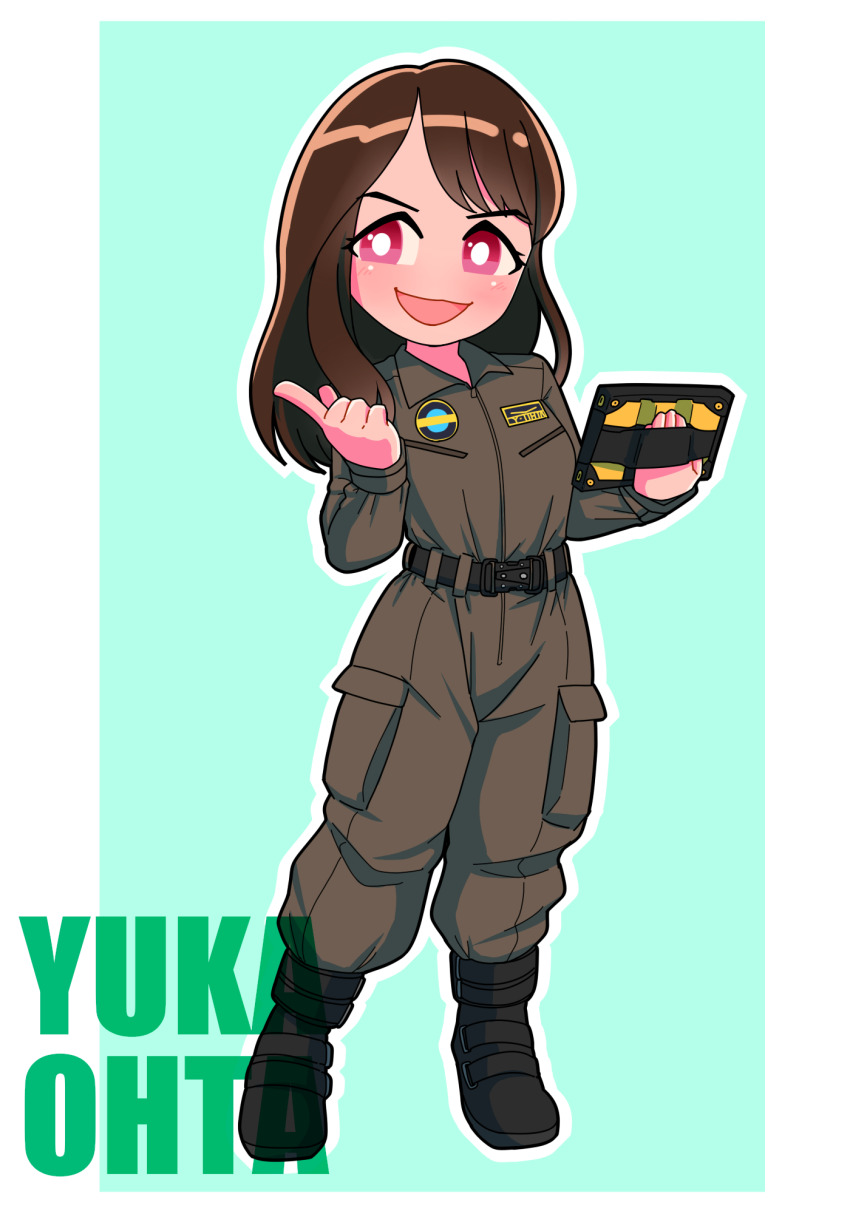 1girl, :d, animification, belt, black_belt, black_boots, blush, boots