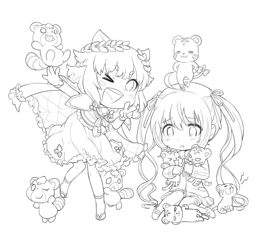 >_<, 2girls, :3, ahoge, baby_animal, blush_stickers, closed_eyes, flat_color