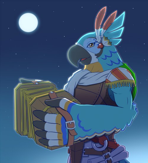1boy, accordion, beak, bird_boy, bird_wings, blue_feathers, blue_wings, commentary_request