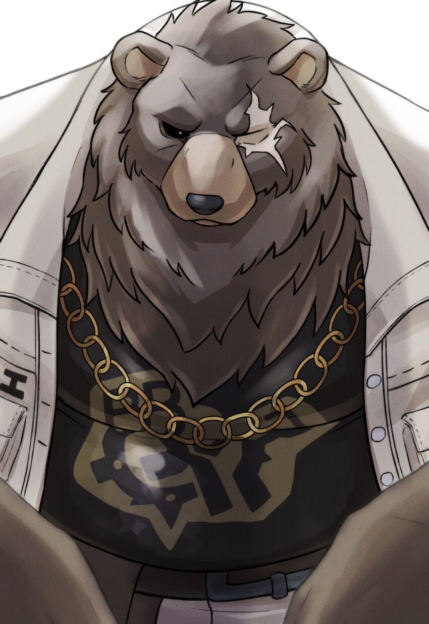 1boy, animal_ears, bara, bear_boy, bear_ears, ben_bigger, black_sclera, black_tank_top