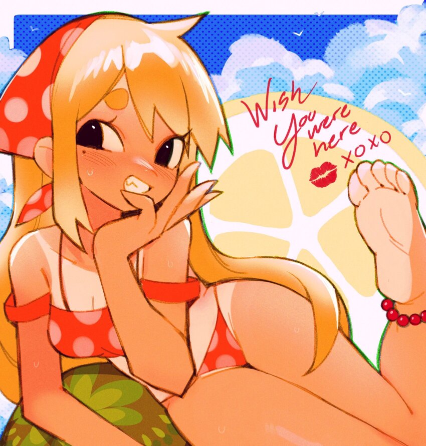 1girl, anklet, barefoot, bead_anklet, beads, bikini, bird, black_eyes, blonde_hair, blush, breasts, cleavage, cloud, commentary, day, english_text, feet, gift_wrapping, grin, grizzace, highres, jewelry, looking_at_viewer, medium_breasts, mole, mole_under_eye, one-piece_tan, original, polka_dot, polka_dot_bikini, red_bikini, sky, smile, soles, solo, solovon, sweat, swimsuit, untranslatable_commentary, tan, tanline, thai_(boondraws), toes