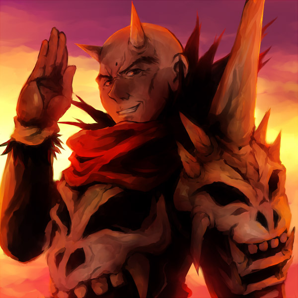 1boy, armor, bald, facial_mark, forehead_mark, grin, horns, male_focus