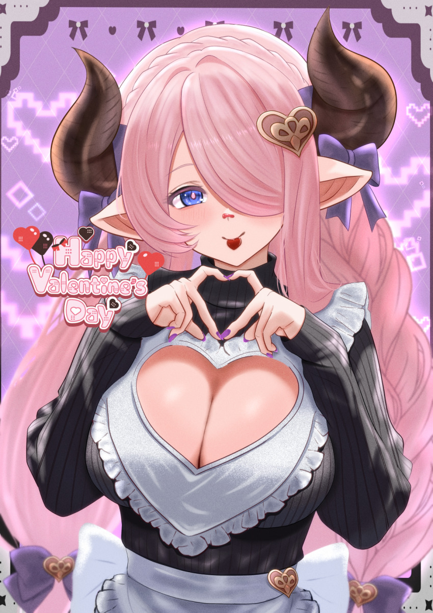 black_sweater, breasts, cleavage, cleavage_cutout, clothing_cutout, granblue_fantasy, heart, heart_hands