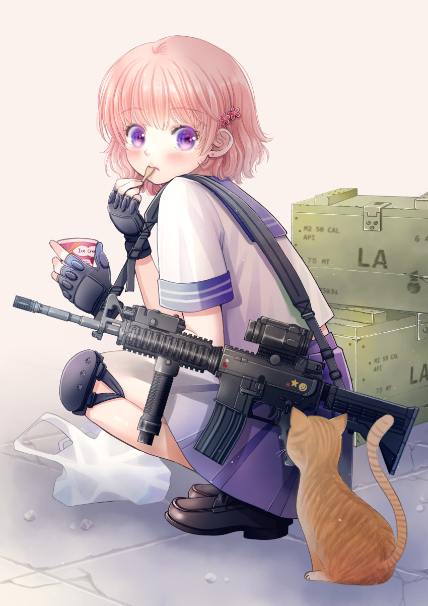 1girl, absurdres, ammunition_box, assault_rifle, bag, black_shoes, blush, cat, commentary_request, fingerless_gloves, food, full_body, gloves, gun, highres, ice_cream, knee_guards, loafers, nagasawa_rin, orange_cat, original, pink_hair, purple_eyes, rifle, sailor_collar, school_uniform, serafuku, shoes, short_hair, solo, squatting, weapon, weapon_request